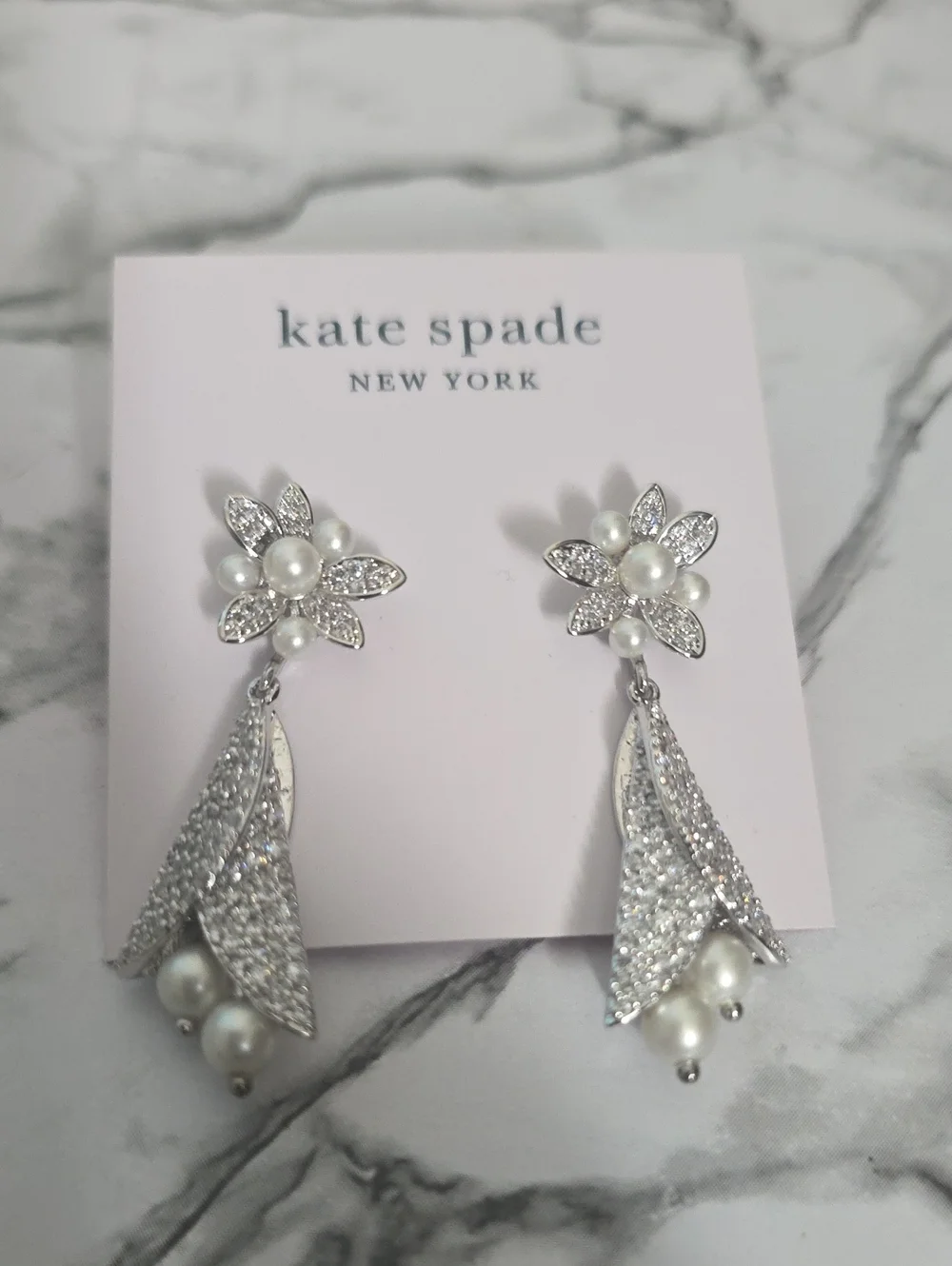 kate spade Silver Crystal & Pearl Floral Drop Earrings
